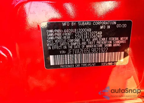 2020 Subaru Wrx Sti z USA, uszkodzony, nr VIN JF1VA2E65L9821922